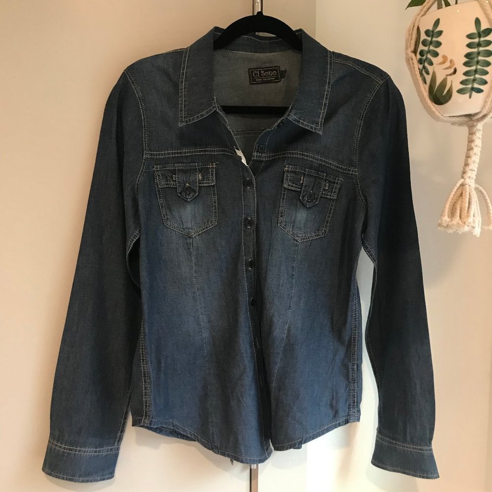 Women's Denim Button up Top with Front Pockets